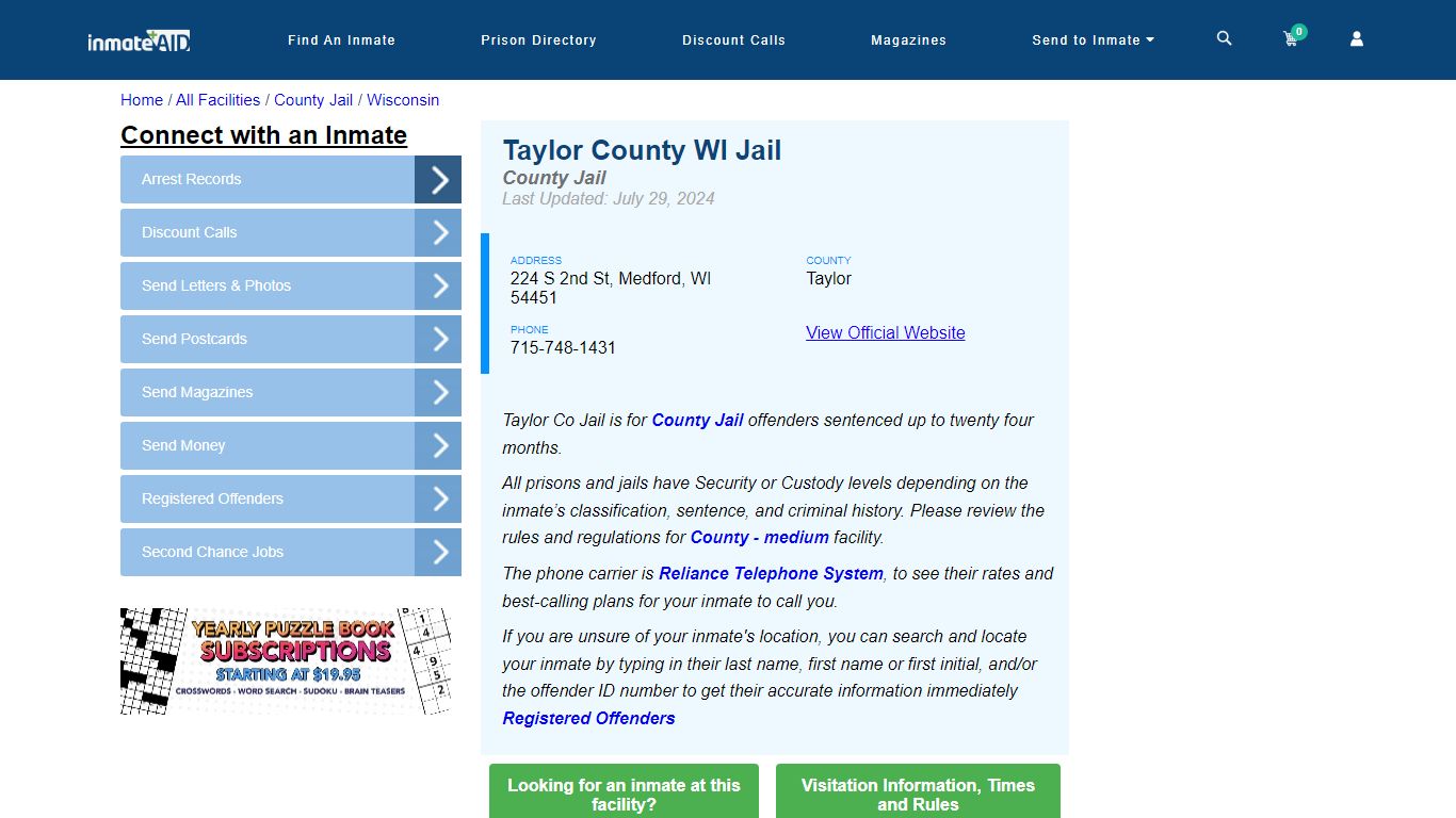 Taylor County WI Jail - Inmate Locator